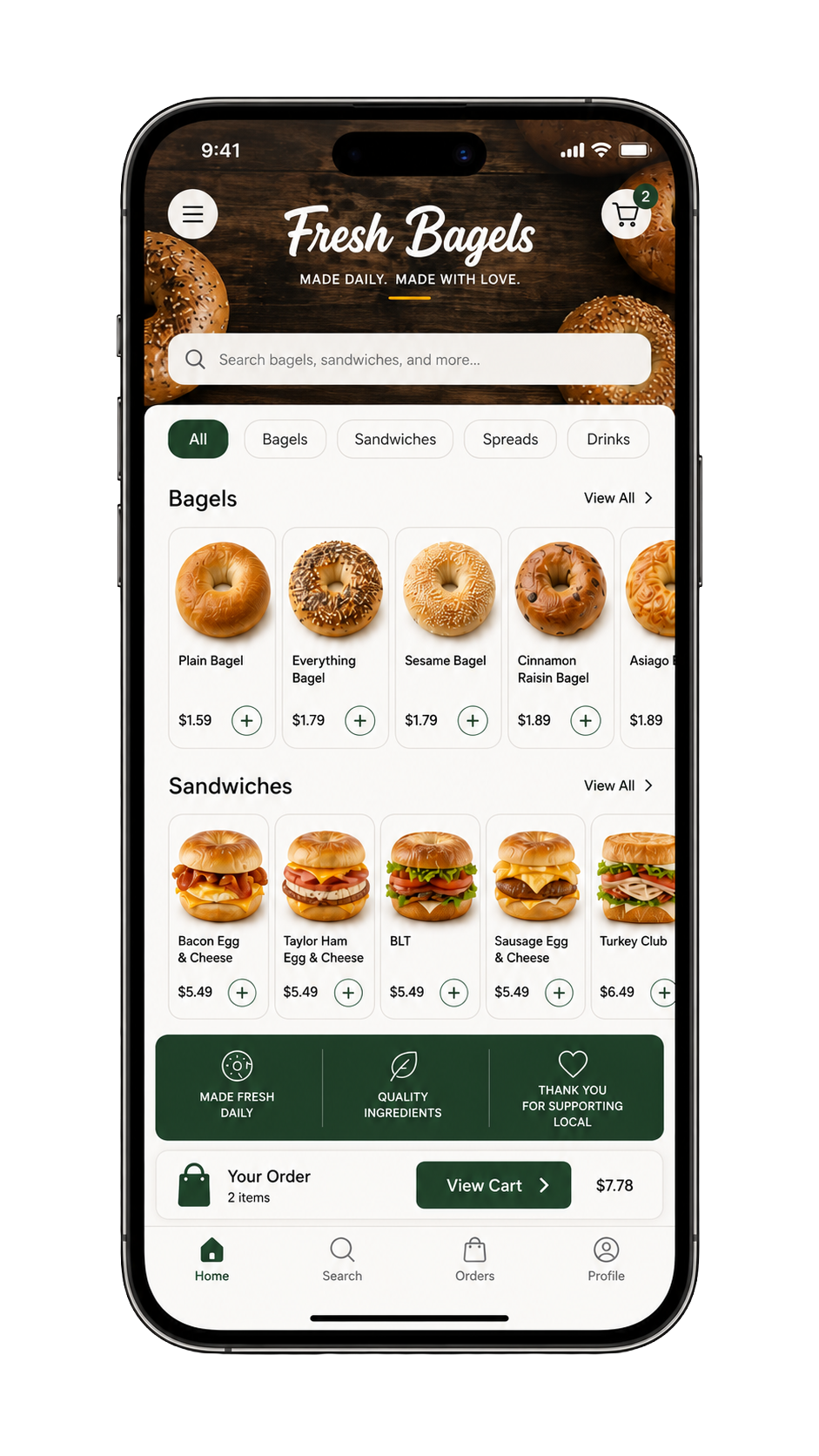 Bagel Tap mobile ordering app shown on a phone screen