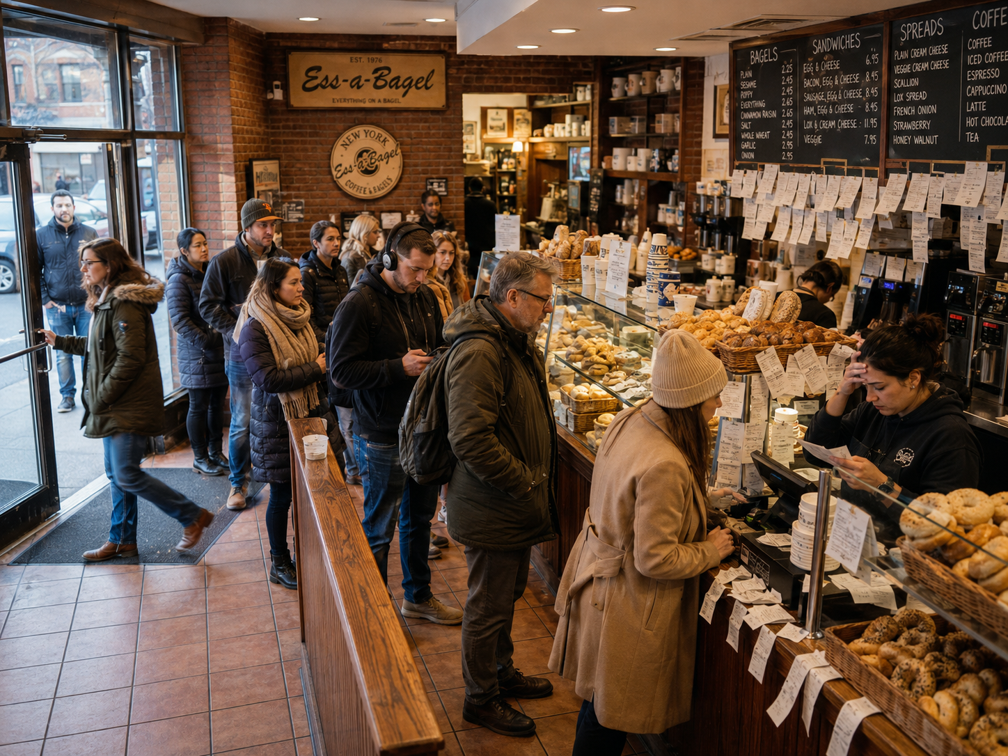 Bagel shop staff juggling a rush of manual orders.